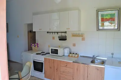 a kitchen with a stove and a sink and a microwave at Lovely 1BR Apartment 5min of walk from city center in Bar