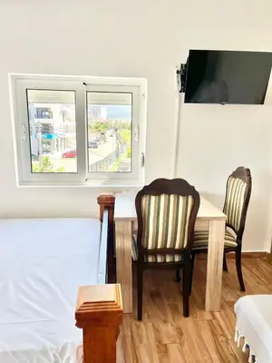 a room with a table and two chairs and a bed at B&V apartmani in Bar, Susanj