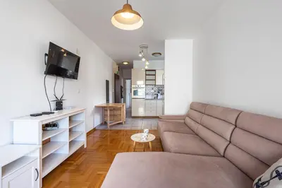 a living room with a couch and a tv at Budva Olive Escape in Budva