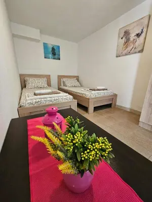 a room with a table with a vase with flowers on it at Vila Lučica apartman u prizemlju in Petrovac na Moru