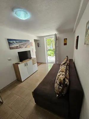 a living room with a couch and a television at Vila Lučica apartman u prizemlju in Petrovac na Moru