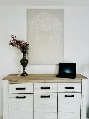 a white dresser with a laptop on top of it at MorePlanina in Sutomore