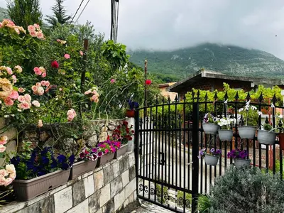 a garden with flowers in pots on a fence at MorePlanina in Sutomore