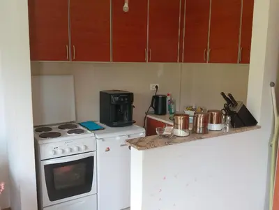 a kitchen with a white stove and a microwave at Vila Teodora in Budva