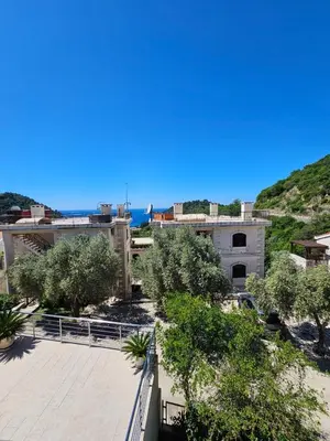 arial view of a building with trees and the ocean at Vila Lučica studio pogled na more in Petrovac na Moru