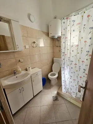 a bathroom with a sink and a toilet and a shower curtain at Vila Lučica studio pogled na more in Petrovac na Moru