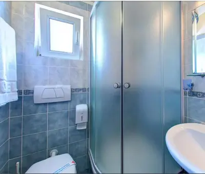 a bathroom with a shower and a toilet and a sink at Vila Koral in Petrovac na Moru