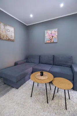 a living room with a blue couch and two tables at Nika house in Cetinje