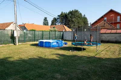 three children playing on a trampoline in a yard at Nika house in Cetinje