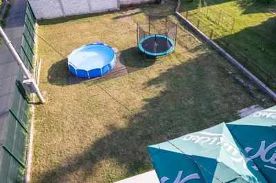 an overhead view of a backyard with a dog kennel at Nika house in Cetinje