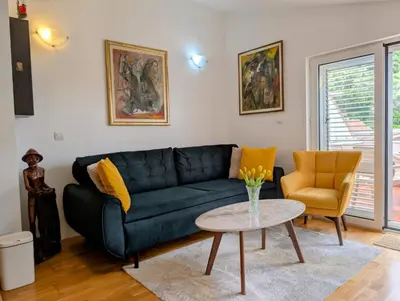 a living room with a black couch and a table at Apartment Bjanka in Budva