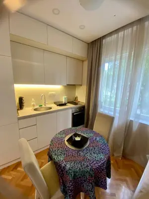 a small kitchen with a table and a sink at City Center 1 in Podgorica