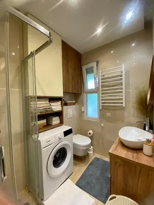 a bathroom with a washing machine and a sink at City Center 1 in Podgorica