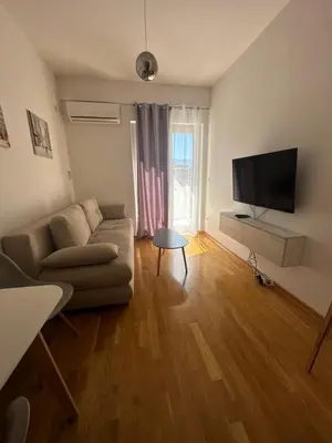 a living room with a couch and a flat screen tv at Apartment ViSi 101 in Budva