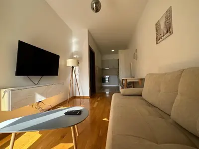 a living room with a couch and a flat screen tv at Apartment ViSi 101 in Budva