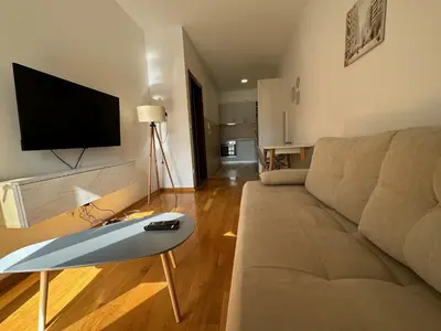 a living room with a couch and a flat screen tv at Apartment ViSi 101 in Budva