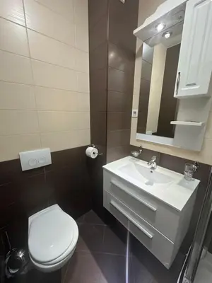 a bathroom with a white toilet and a sink at Apartment ViSI 102 in Budva