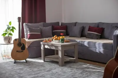 a living room with a couch and a table with a guitar at NIDA Apartment in Ulcinj