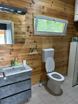 a bathroom with a toilet and a sink and a window at River house Una in Kravlja