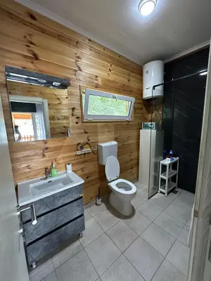 a bathroom with a toilet and a sink and a window at River house Una in Kravlja