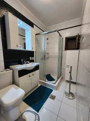 a bathroom with a shower and a toilet and a sink at Apartment Ulcinj in Ulcinj