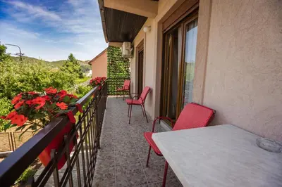 a balcony with a table and chairs and flowers at Apartman Damjanovic in Cetinje