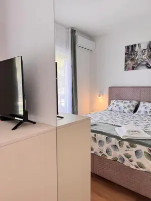 a bedroom with a bed and a dresser with a tv at Villa Aurora in Gorovići