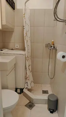 a bathroom with a shower curtain and a toilet at Cozy & Bright Garden Flat in Podgorica