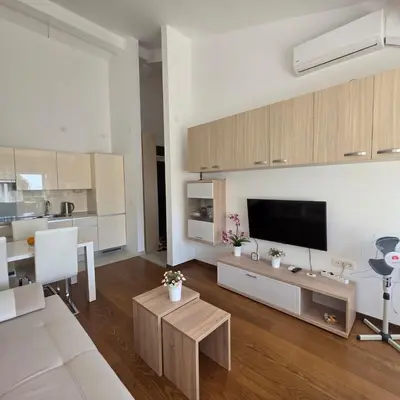 a living room with a couch and a tv at Summer vacation near Sveti Stefan in Podličak