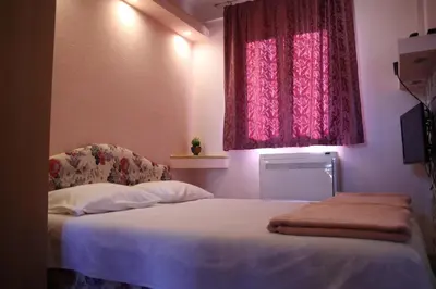 a bedroom with two beds and a window with pink curtains at Lilian Apartments in Budva