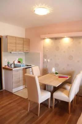 a kitchen and dining room with a wooden table and chairs at Lilian Apartments in Budva