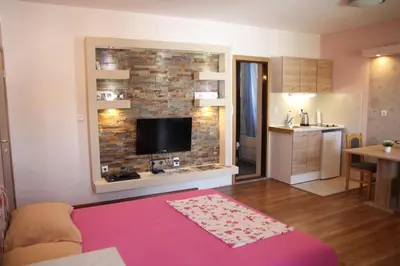a living room with a tv on a brick wall at Lilian Apartments in Budva