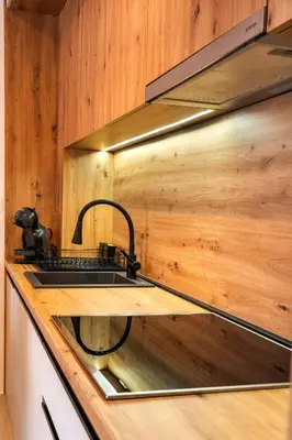 a kitchen with a sink and a wooden wall at Apartment BAR M3B in Bar