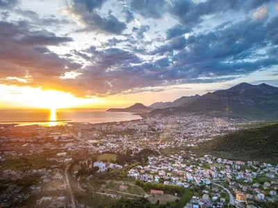 an aerial view of a city at sunset at Apartment BAR M3B in Bar
