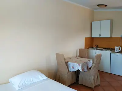 a room with a table and chairs and a kitchen at Apartmani Orange Dreams in Sutomore