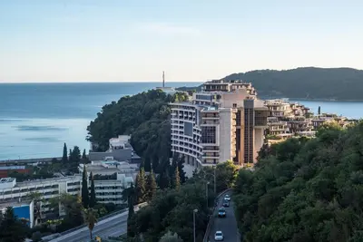 a view of a city with buildings and the ocean at Harmonia Apart Hotel in Boreti