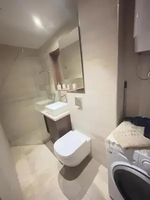a bathroom with a toilet and a sink and a mirror at Loft Suite in Budva