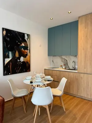 a kitchen and dining room with a table and chairs at Namai Apartments in Ulcinj