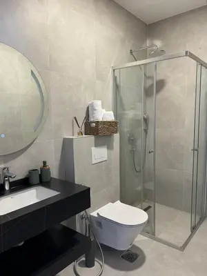 a bathroom with a shower and a toilet and a sink at Namai Apartments in Ulcinj