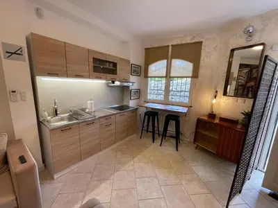 a kitchen with a sink and a table in it at Apartman Sahat kula in Podgorica