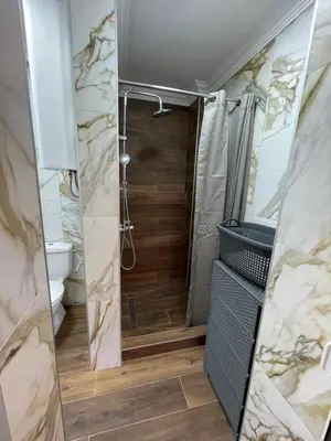 a bathroom with a shower and a toilet at Apartman Sahat kula in Podgorica