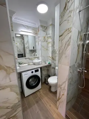 a bathroom with a toilet and a sink and a washing machine at Apartman Sahat kula in Podgorica