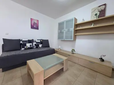 a living room with a couch and a coffee table at Blue Dream Apartment in Rafailovici