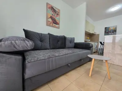 a gray couch in a living room with a table at Blue Dream Apartment in Rafailovici