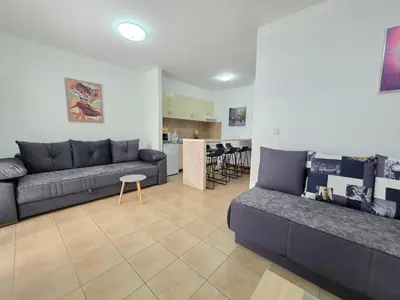 a living room with a couch and a kitchen at Blue Dream Apartment in Rafailovici