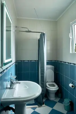 a blue and white bathroom with a sink and a toilet at Cremo House in Krimovice