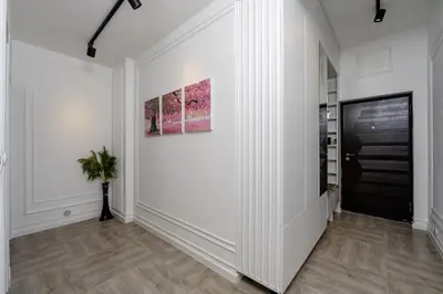 a hallway with white walls and a black door at Alpha Neo in Bar