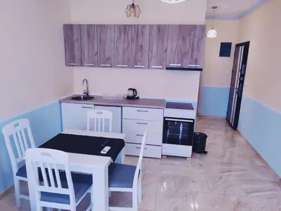 a small kitchen with a table and chairs and a sink at Apartman Zefir Ulcinj in Ulcinj