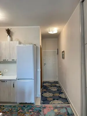a kitchen with a white refrigerator and a hallway at Ekaterina2BD in Becici