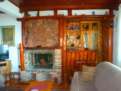 a living room with a stone fireplace and a couch at Apartment Djakonovic Mladen in Ulcinj